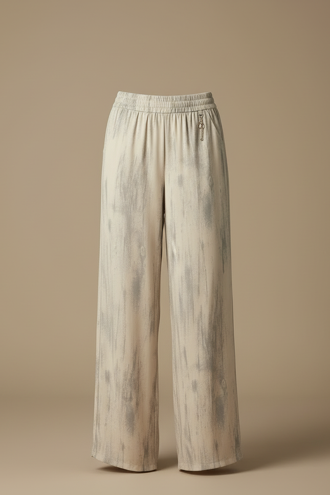 Pantalon Beige Fluide Ample Imprimé Décontracté Femme - Viscose - vue 3