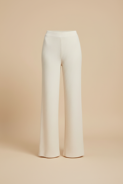 Pantalon Beige Côtelé Droit Tricoté Élégant Femme - Maille - vue 3