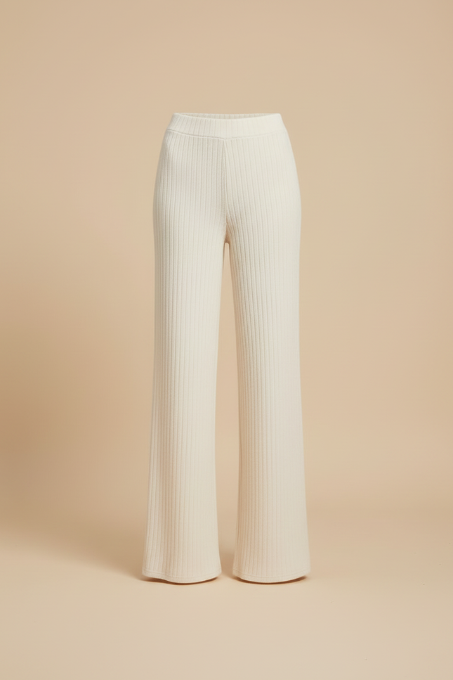 Pantalon Beige Côtelé Droit Tricoté Élégant Femme - Maille - vue 3