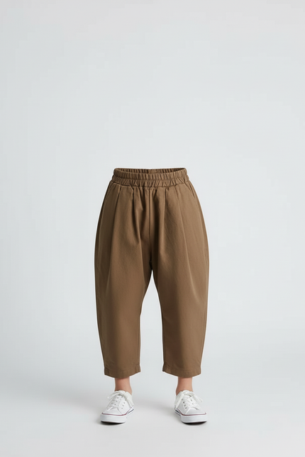 Pantalon Beige Coton Ample Unisexe Élastiqué Plissé - Marron - vue 3