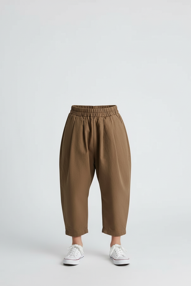 Pantalon Beige Coton Ample Unisexe Élastiqué Plissé - Marron - vue 3