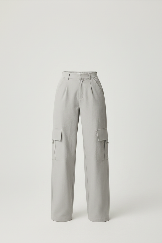 Pantalon Beige Cargo Ample Taille Haute Décontracté - Gris Gabardine - vue 3