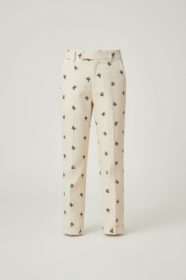 Pantalon Beige Brodé Papillons Droit Enfant Élégant - Gabardine - vue 3