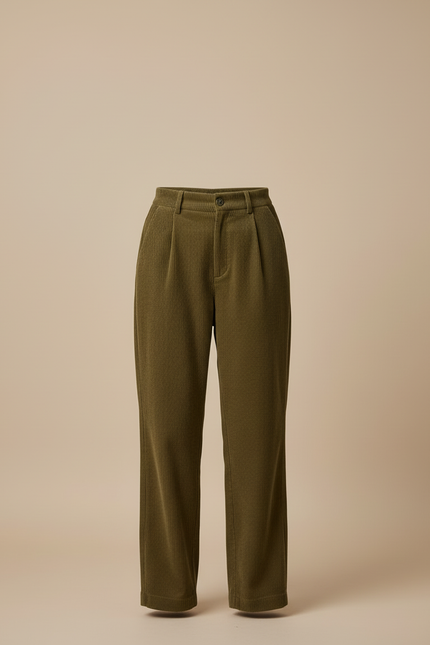 Pantalon Beige Côtelé Droit Ample Taille Haute - Kaki Cordé - vue 3