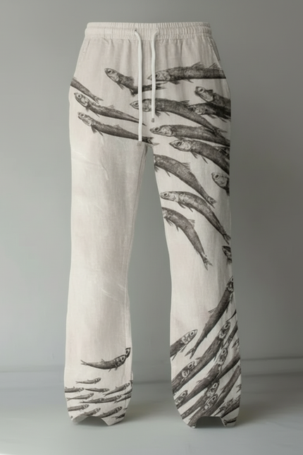Pantalon Beige Ample Décontracté Lin Imprimé Poissons - vue 3