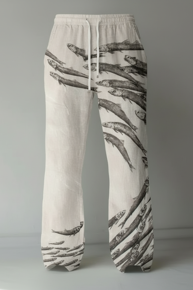 Pantalon Beige Ample Décontracté Lin Imprimé Poissons - vue 3