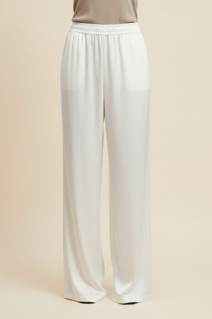 Pantalon Beige Fluide Ample Satiné Élastique Chic - Blanc - vue 3