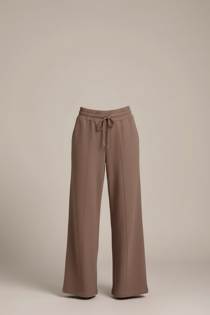 Pantalon Beige, Ample, Fluide, Taille Haute, Décontracté, Cordon - Marron Molleton - vue 3
