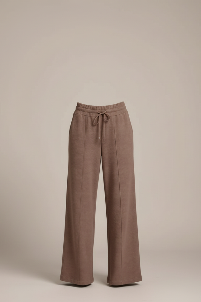 Pantalon Beige, Ample, Fluide, Taille Haute, Décontracté, Cordon - Marron Molleton - vue 3