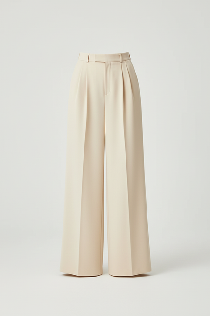 Pantalon Beige Ample Plissé Taille Haute Élégant - Polyester - vue 3