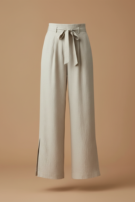 Pantalon Beige Fluide Lin Taille Haute Fendu - vue 3