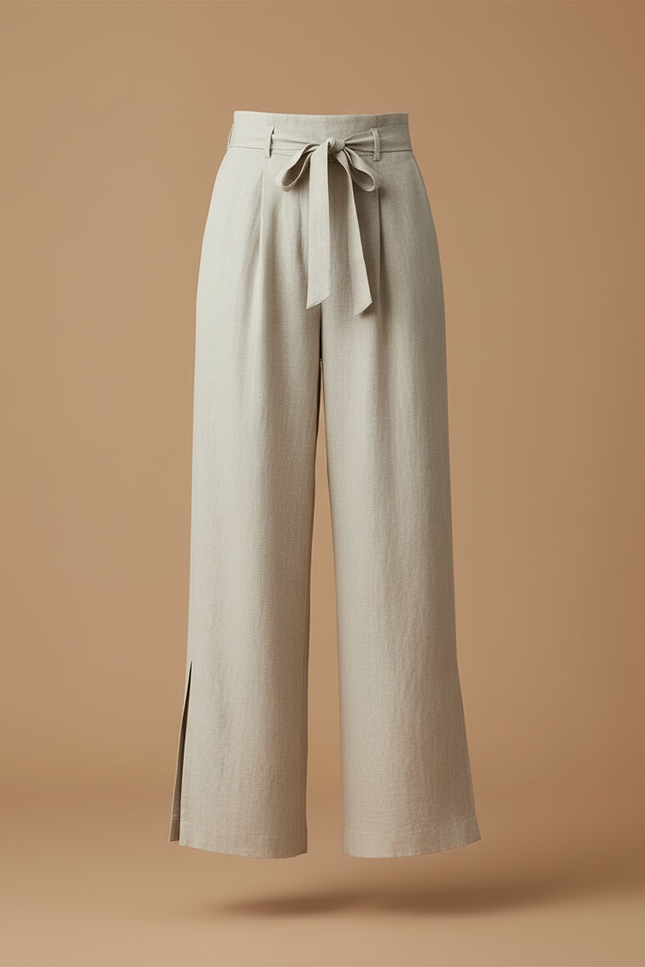Pantalon Beige Fluide Lin Taille Haute Fendu - vue 3