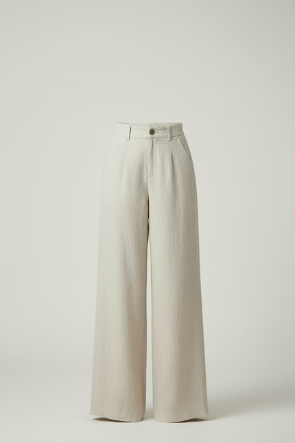 Pantalon Beige Lin Ample Taille Haute Droit Femme - vue 3