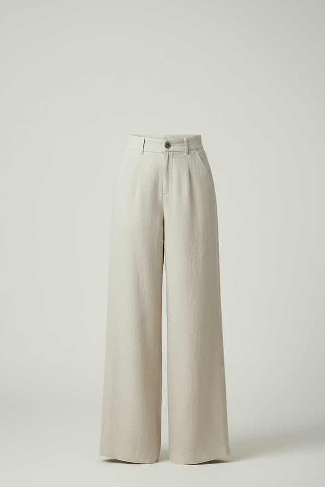 Pantalon Beige Lin Ample Taille Haute Droit Femme - vue 3