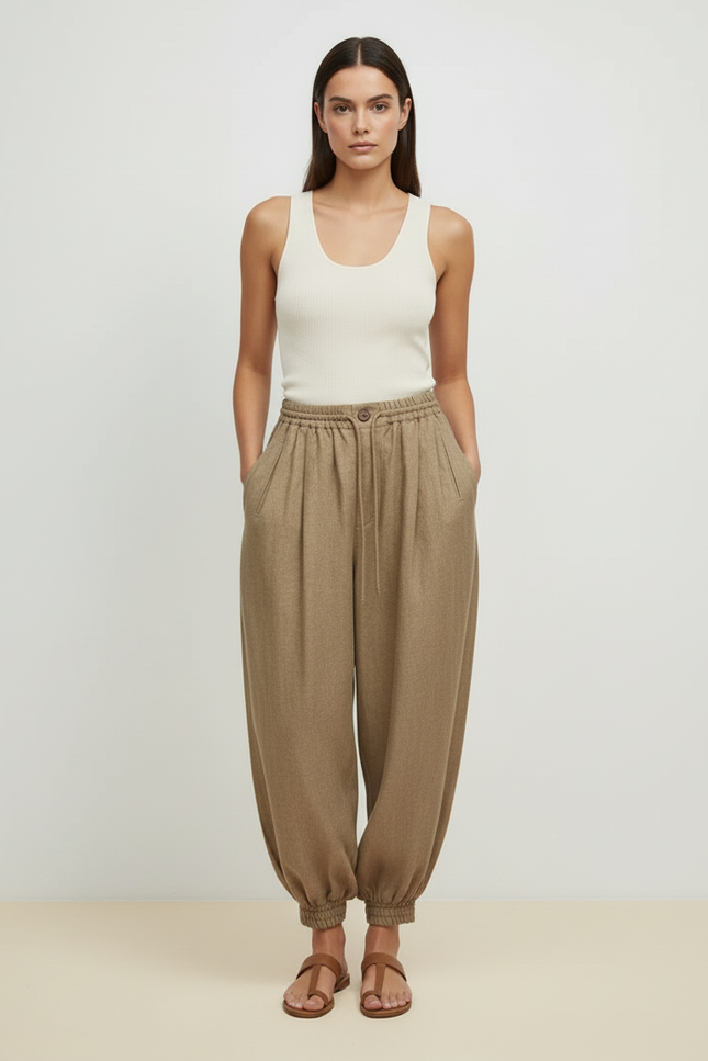Pantalon Beige Ample Lin Décontracté Élastique Femme - vue 3