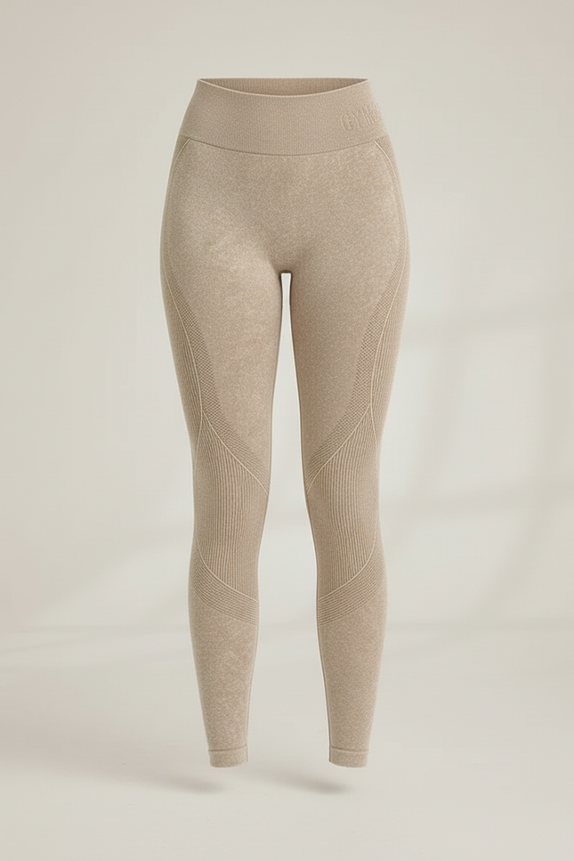 Pantalon Beige Taille Haute Sans Couture Côtelé Sport - Maille - vue 3