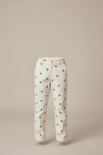 Pantalon Beige Brodé Papillons Droit Coton Garçon - vue 3
