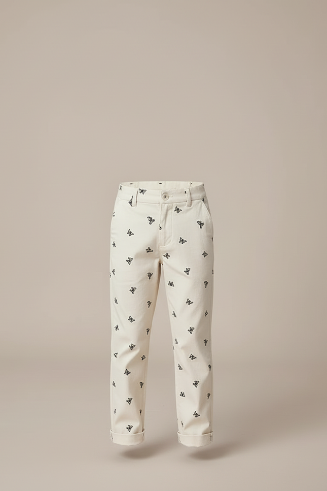 Pantalon Beige Brodé Papillons Droit Coton Garçon - vue 3