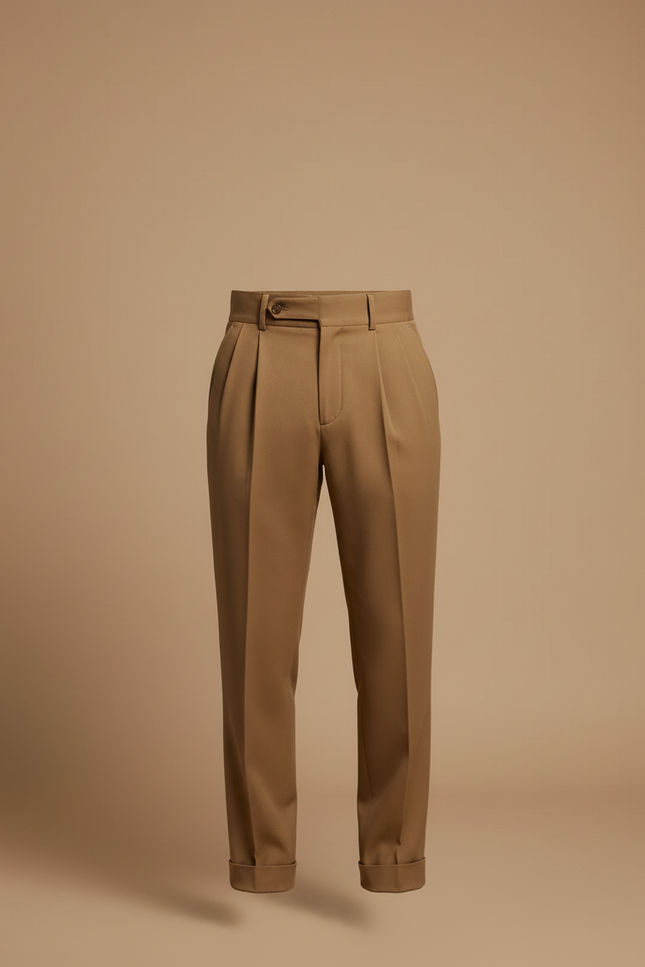 Pantalon Beige Plissé Taille Haute Homme Élégant - Kaki Gabardine - vue 3