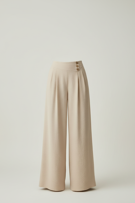 Pantalon Beige Fluide Ample Boutons Décontracté - Viscose - vue 3