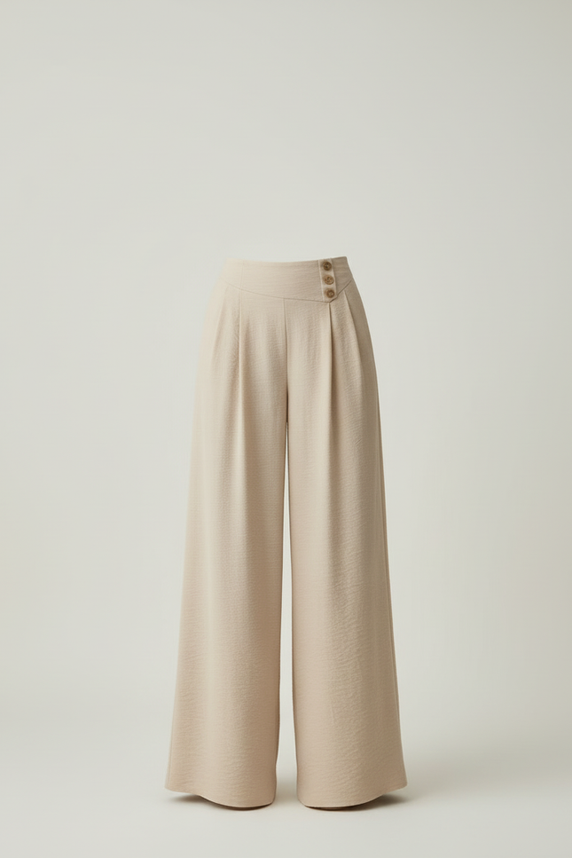 Pantalon Beige Fluide Ample Boutons Décontracté - Viscose - vue 3