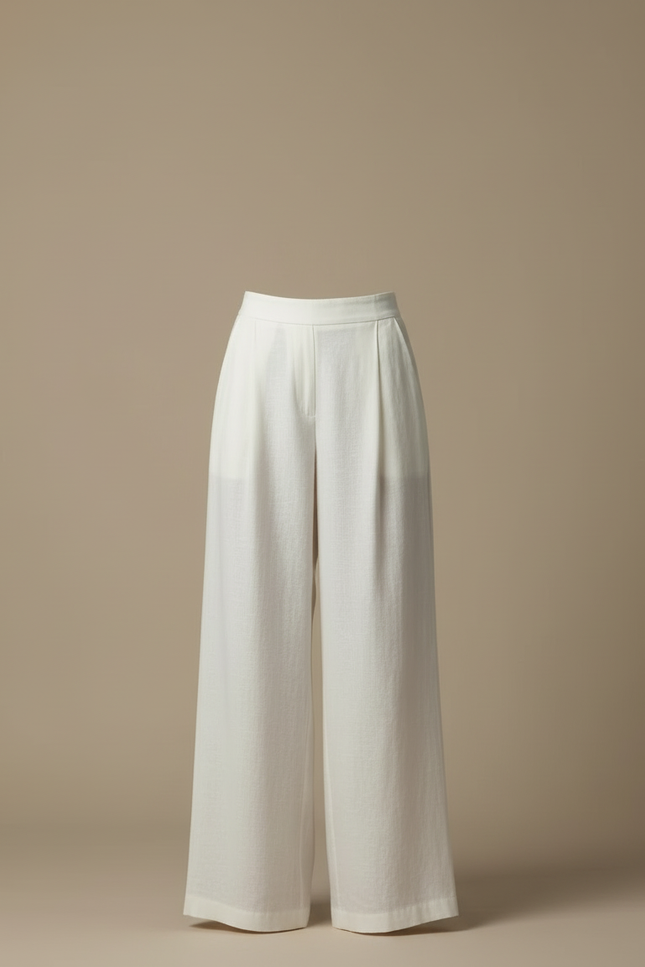 Pantalon Beige Fluide Ample Lin Plissé Femme - Blanc - vue 3