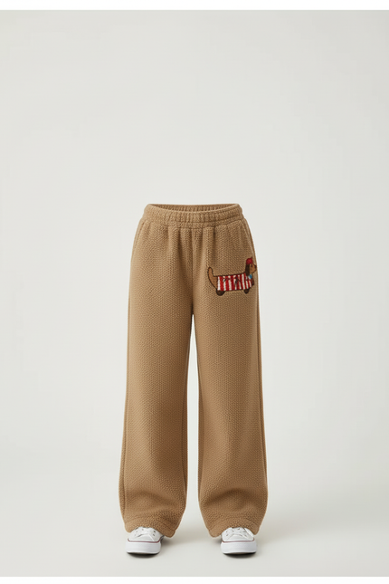 Pantalon Beige Polaire Brodé Ample Décontracté Hiver - Camel Molleton - vue 3
