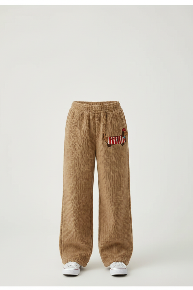 Pantalon Beige Polaire Brodé Ample Décontracté Hiver - Camel Molleton - vue 3