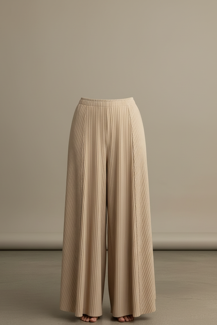 Pantalon Beige Plissé Ample Fluide Décontracté Élégant - Maille - vue 3