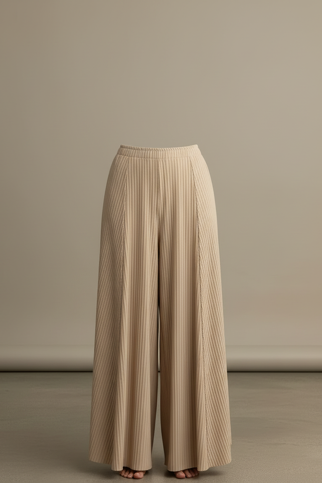 Pantalon Beige Plissé Ample Fluide Décontracté Élégant - Maille - vue 3