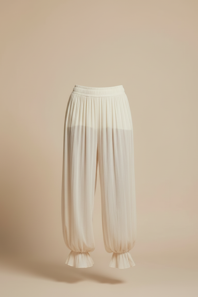 Pantalon Beige Plissé Ample Fluide Élastique Femme - Viscose - vue 3