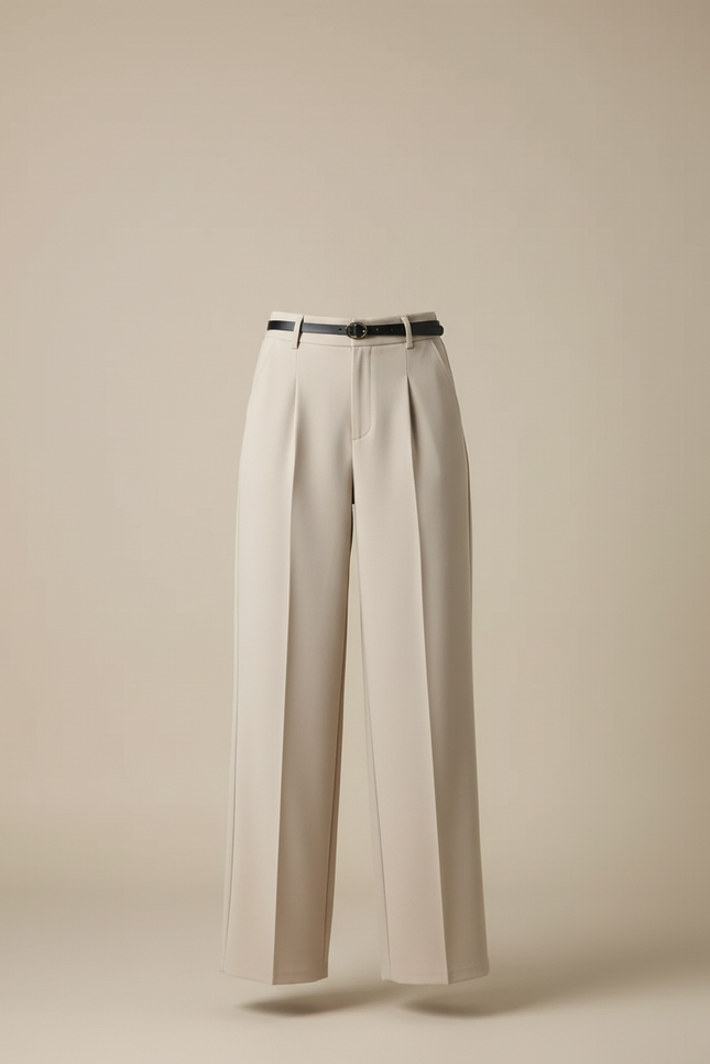 Pantalon Beige Taille Haute Ample Droit Élégant - Polyester - vue 3