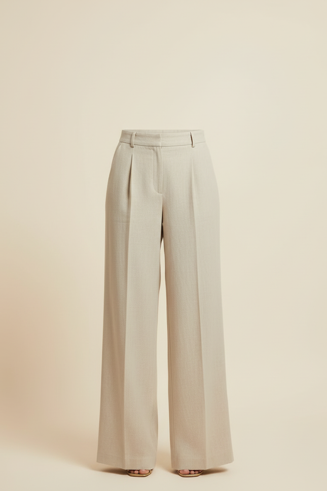 Pantalon Beige Plissé Fluide Taille Haute Fendu - Lin - vue 3