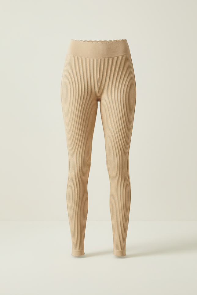 Pantalon Beige Côtelé Tricoté Extensible Taille Haute - Maille - vue 3