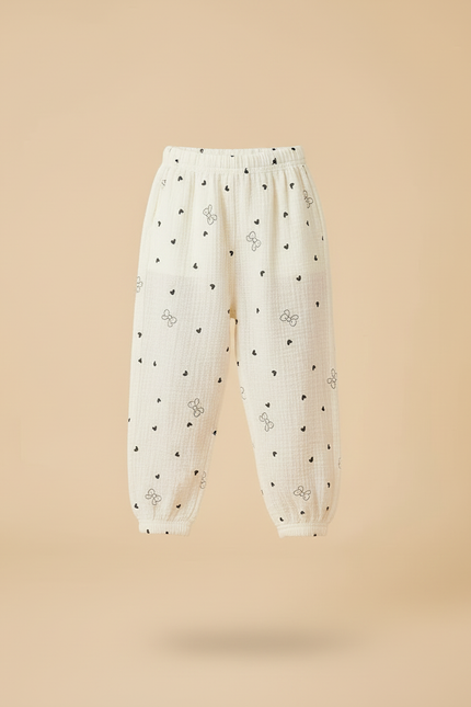 Pantalon Beige Gaze Coton Imprimé Cœurs Nœuds Fille - vue 3