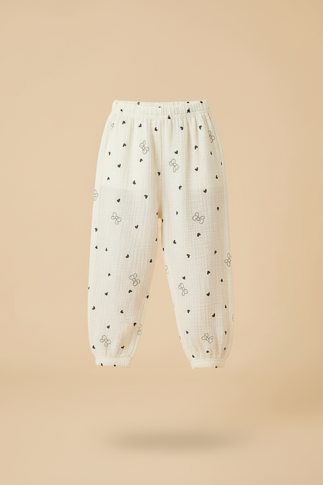Pantalon Beige Gaze Coton Imprimé Cœurs Nœuds Fille - vue 3