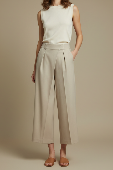 Pantalon Beige Large Plissé Élégant Décontracté Femme - Gabardine - vue 3