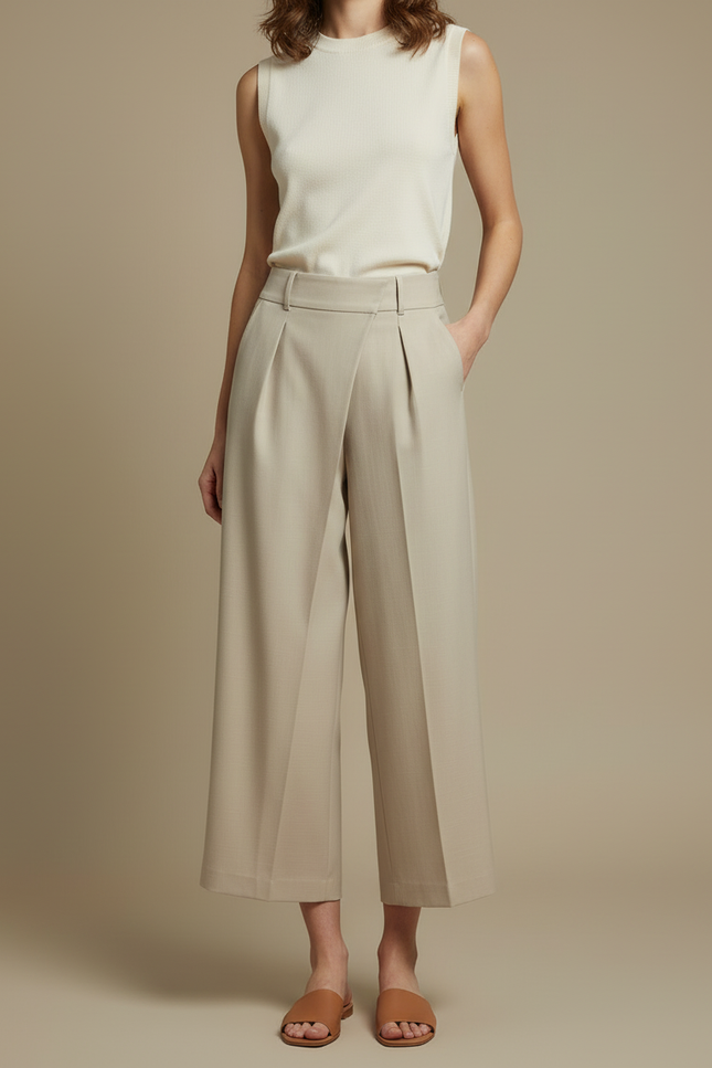 Pantalon Beige Large Plissé Élégant Décontracté Femme - Gabardine - vue 3
