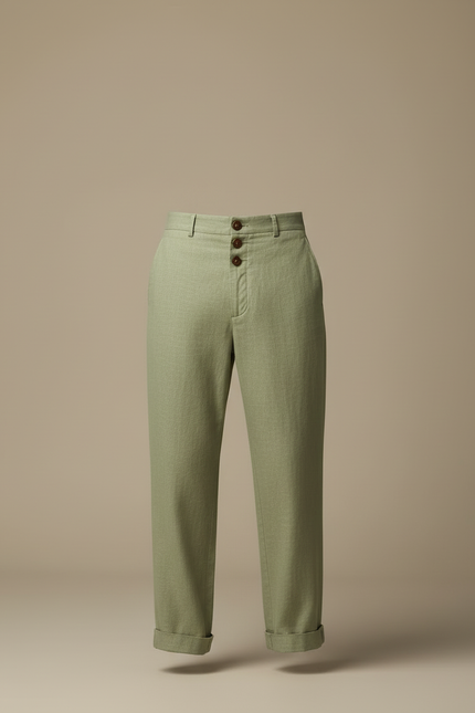 Pantalon Beige Lin Ample Boutonné Décontracté Homme - Vert - vue 3