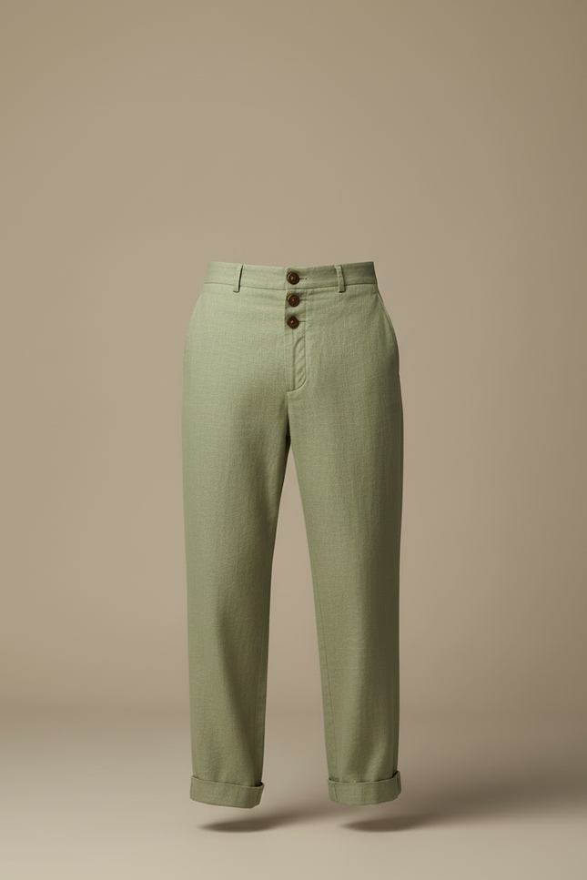 Pantalon Beige Lin Ample Boutonné Décontracté Homme - Vert - vue 3