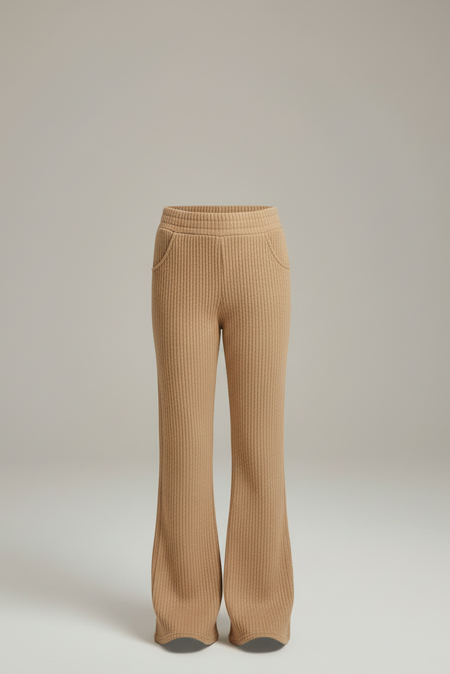 Pantalon Beige Côtelé Évasé Confortable Décontracté - Maille - vue 3