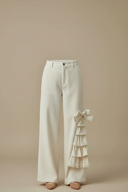 Pantalon Beige Côtelé Large Nœud Volants Femme - Cordé - vue 3