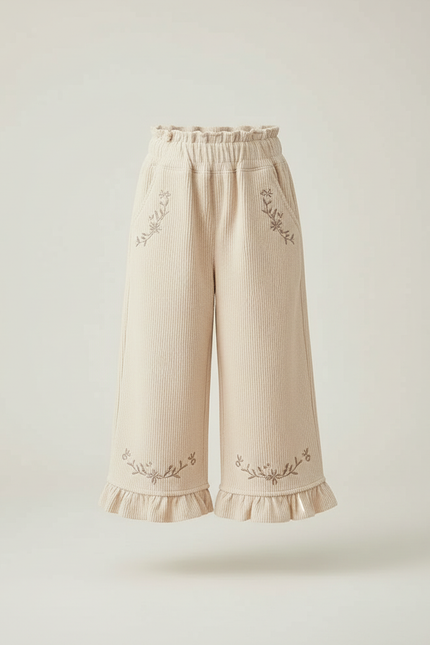 Pantalon Beige Côtelé Brodé Volants Ample Fille - Cordé - vue 3