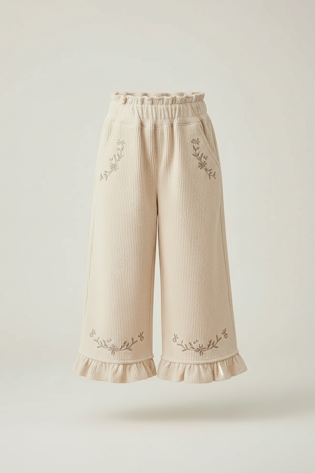 Pantalon Beige Côtelé Brodé Volants Ample Fille - Cordé - vue 3