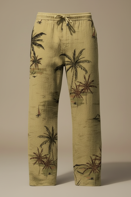 Pantalon Beige Ample Lin Cordon Imprimé Palmier Homme - vue 3