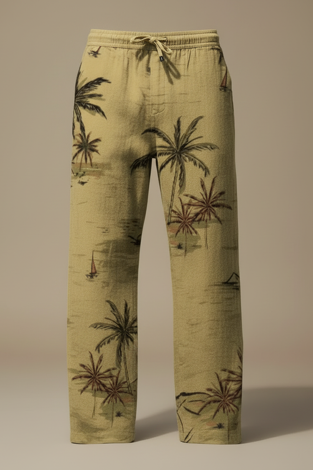 Pantalon Beige Ample Lin Cordon Imprimé Palmier Homme - vue 3