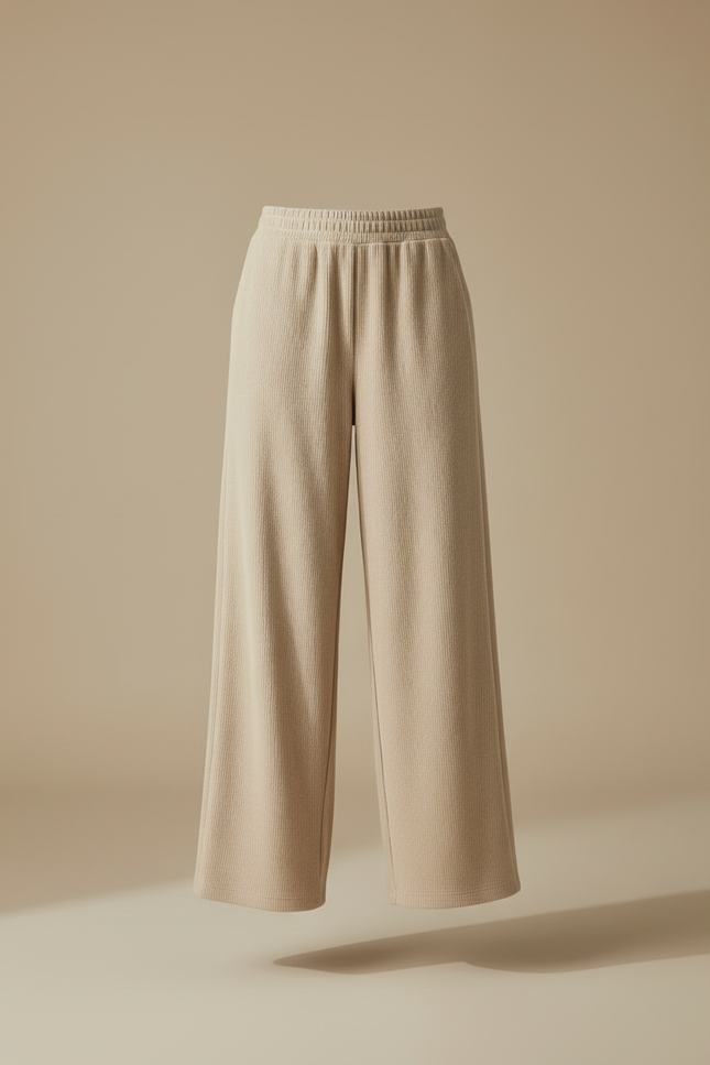 Pantalon Beige Côtelé Ample Droit Taille Haute - Maille - vue 3