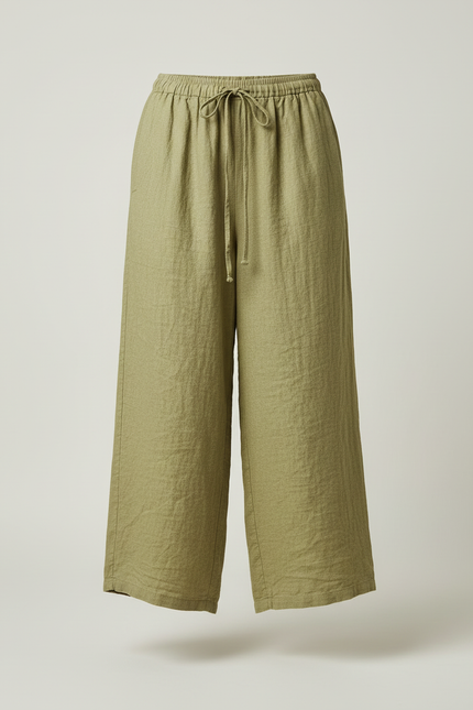 Pantalon Beige Fluide Lin Coton Élastique Décontracté Femme - Kaki - vue 3