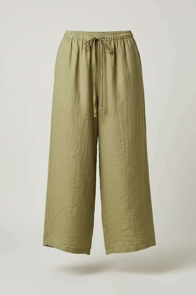 Pantalon Beige Fluide Lin Coton Élastique Décontracté Femme - Kaki - vue 3