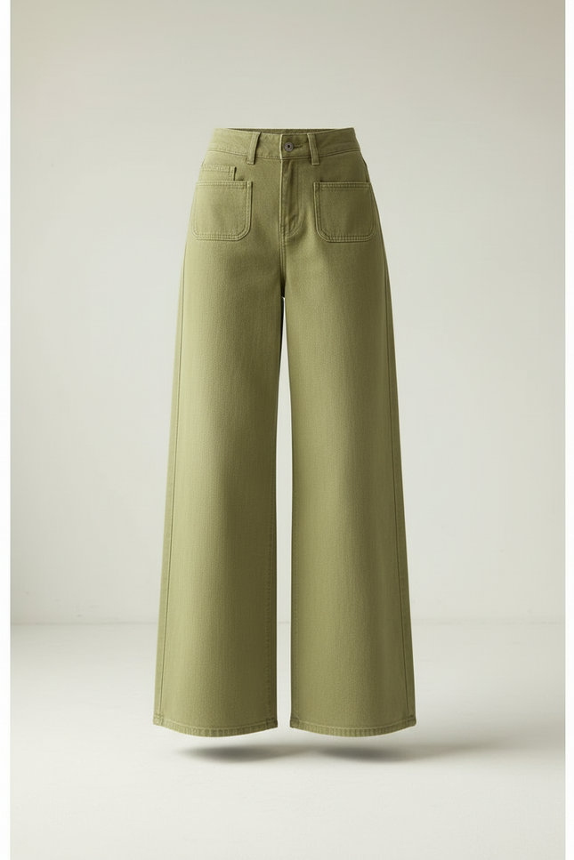 Pantalon Beige Ample Taille Haute Cargo Femme - Kaki Toile - vue 3